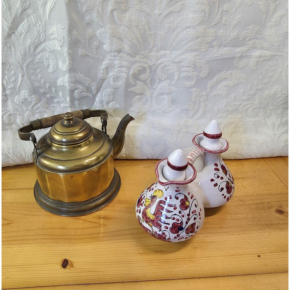 Italian Pottery Red Rooster Motif Oil and Vinegar Cruet Vintage Home Goods